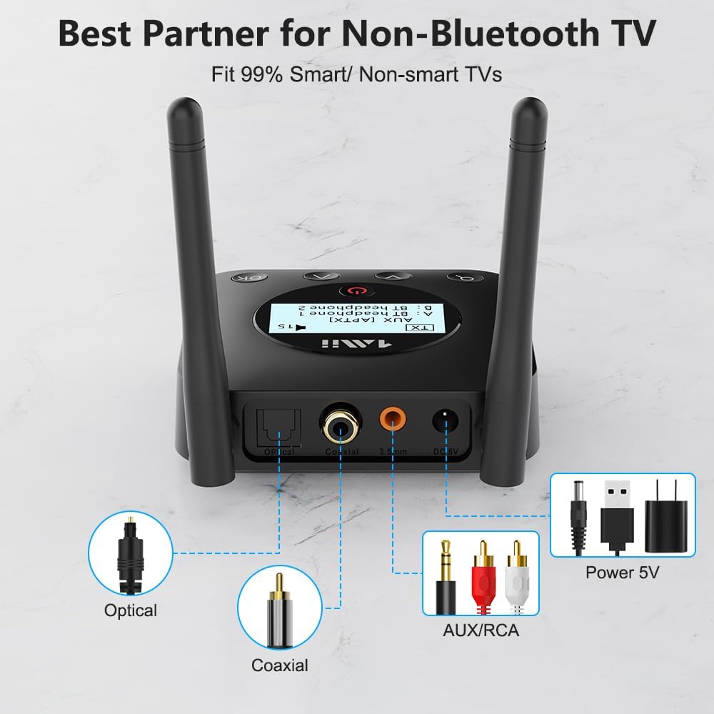 1Mii B06TX+ Long Range Bluetooth 5.2 Transmitter for TV/PC/Projector to 2 Wireless Headphones/Speakers, Bluetooth Adapter for TV w/Screen Display Plug n Play, aptX Low Latency & HD Audio