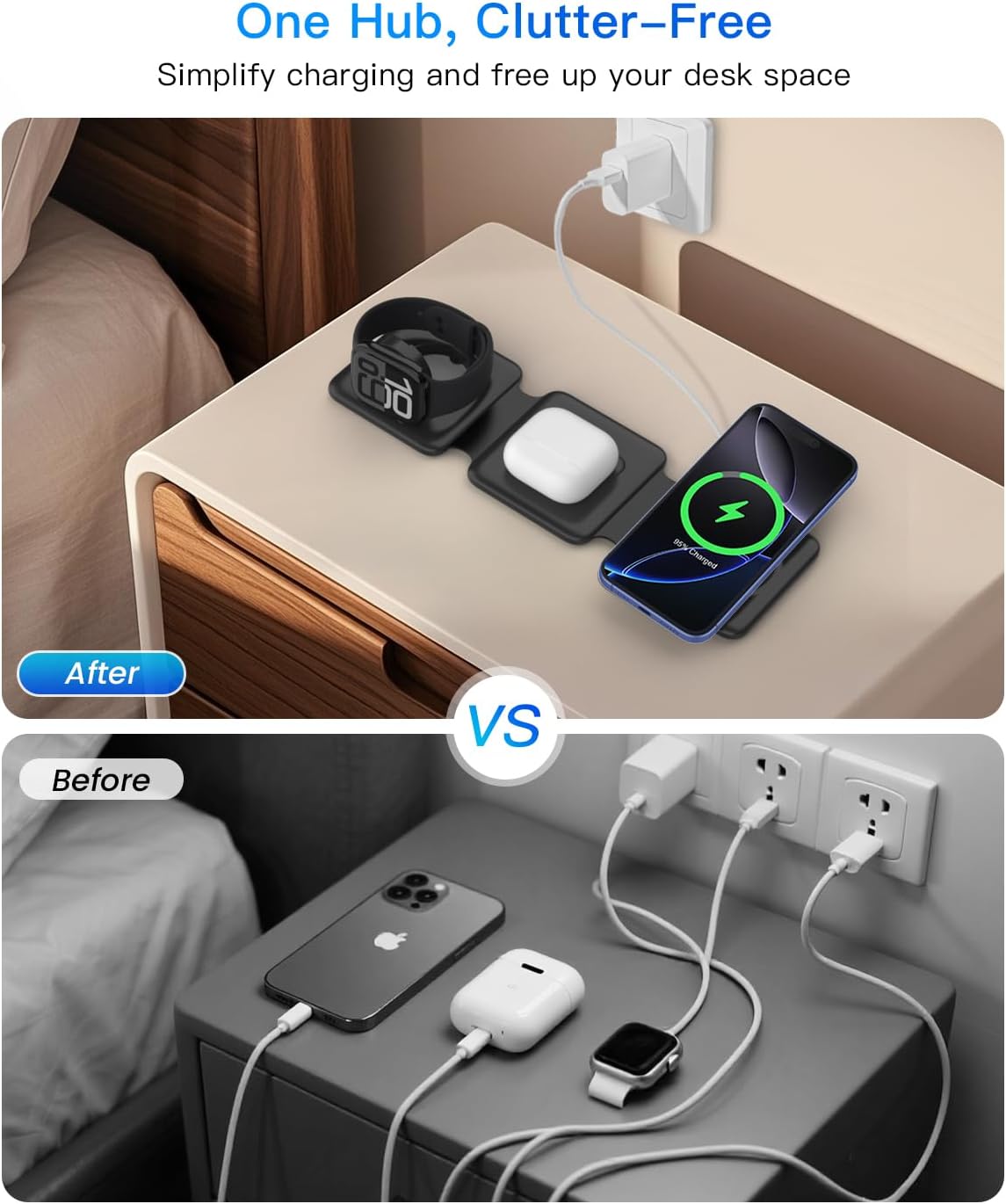 Magnetic Wireless Charger for iPhone: Fodable 3 in 1 Charging Station for Multiple Apple Devices - Travel Charging Pad Dock for Apple Watch iPhone 16 15 14 13 12 Pro Max Plus & Airpod
