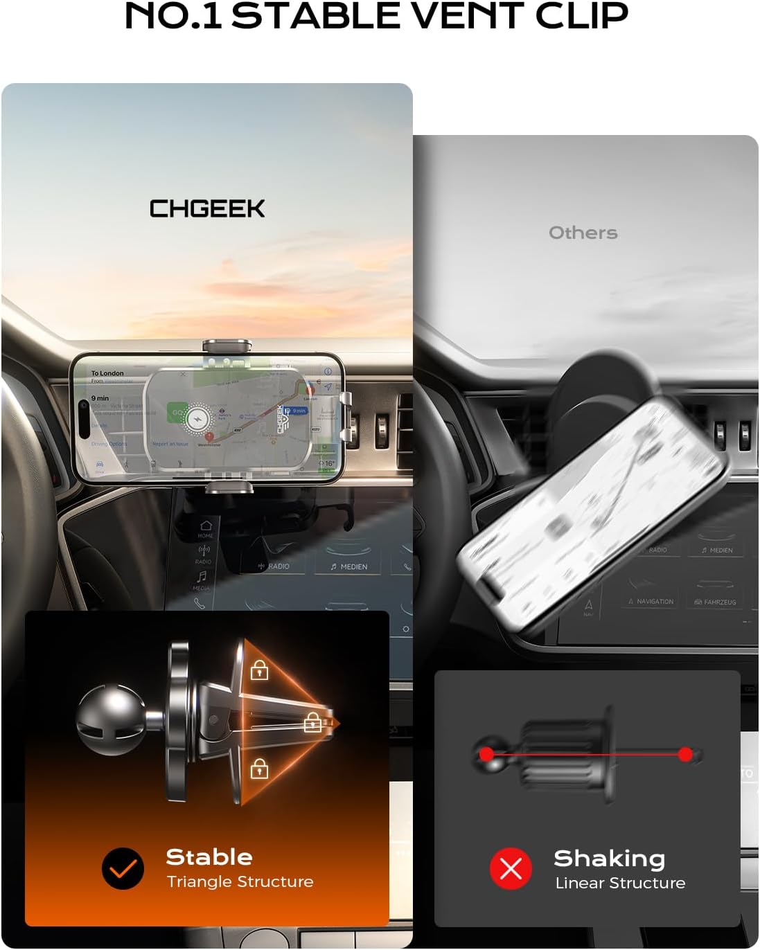 CHGeek Wireless Car Charger Phone Holder Mount, 15W Fast Charging Auto Clamping Phone Holders for Your Car Dashboard Windshield Air Vent Car Accessories for iPhone, Samsung Galaxy, Google Pixel etc