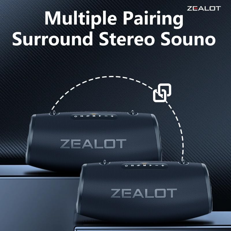 ZEALOT 80W Portable Bluetooth Speaker, Stereo Sound with Deep Bass,IPX6 Waterproof, LED Light,Bluetooth 5.2, Indoor/Outdoor Speaker for Party, Gathering, Pool, Camping,Travel (Black)