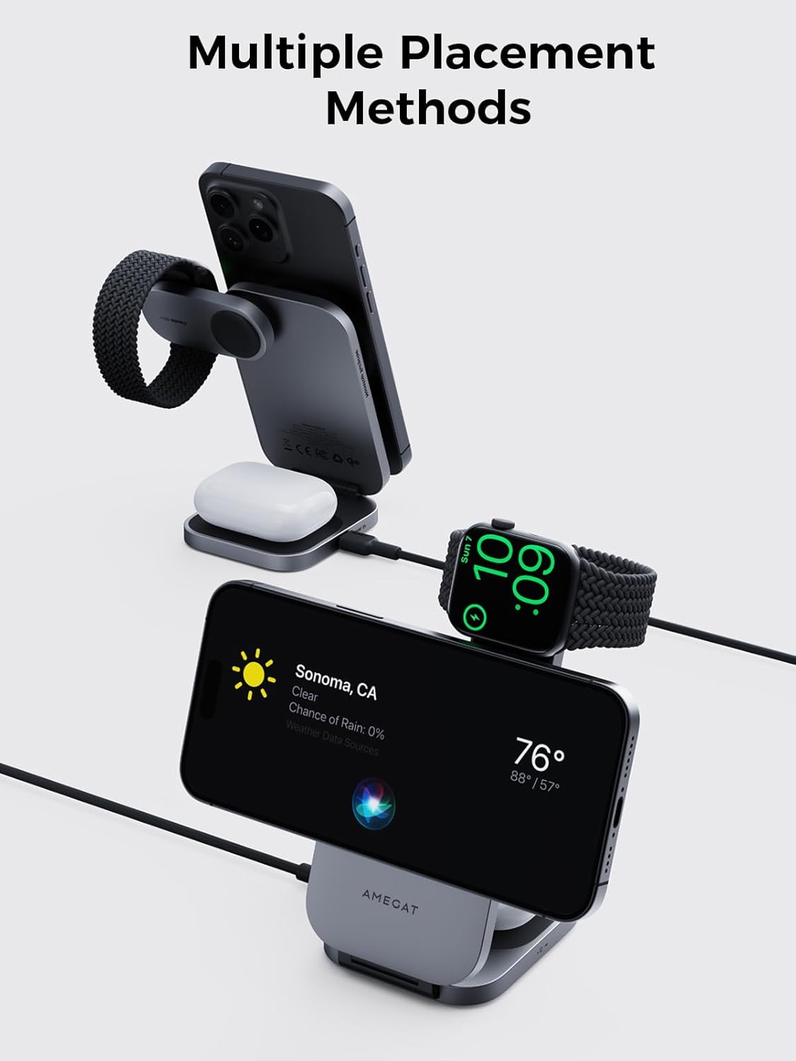3 in 1 Charging Station, MagFusion Z Foldable Qi2 Certified 15W Wireless Charger Stand Compatible with MagSafe for iPhone 16/15/14/13/12, Apple Watch, AirPods (30W PD Charger Included)