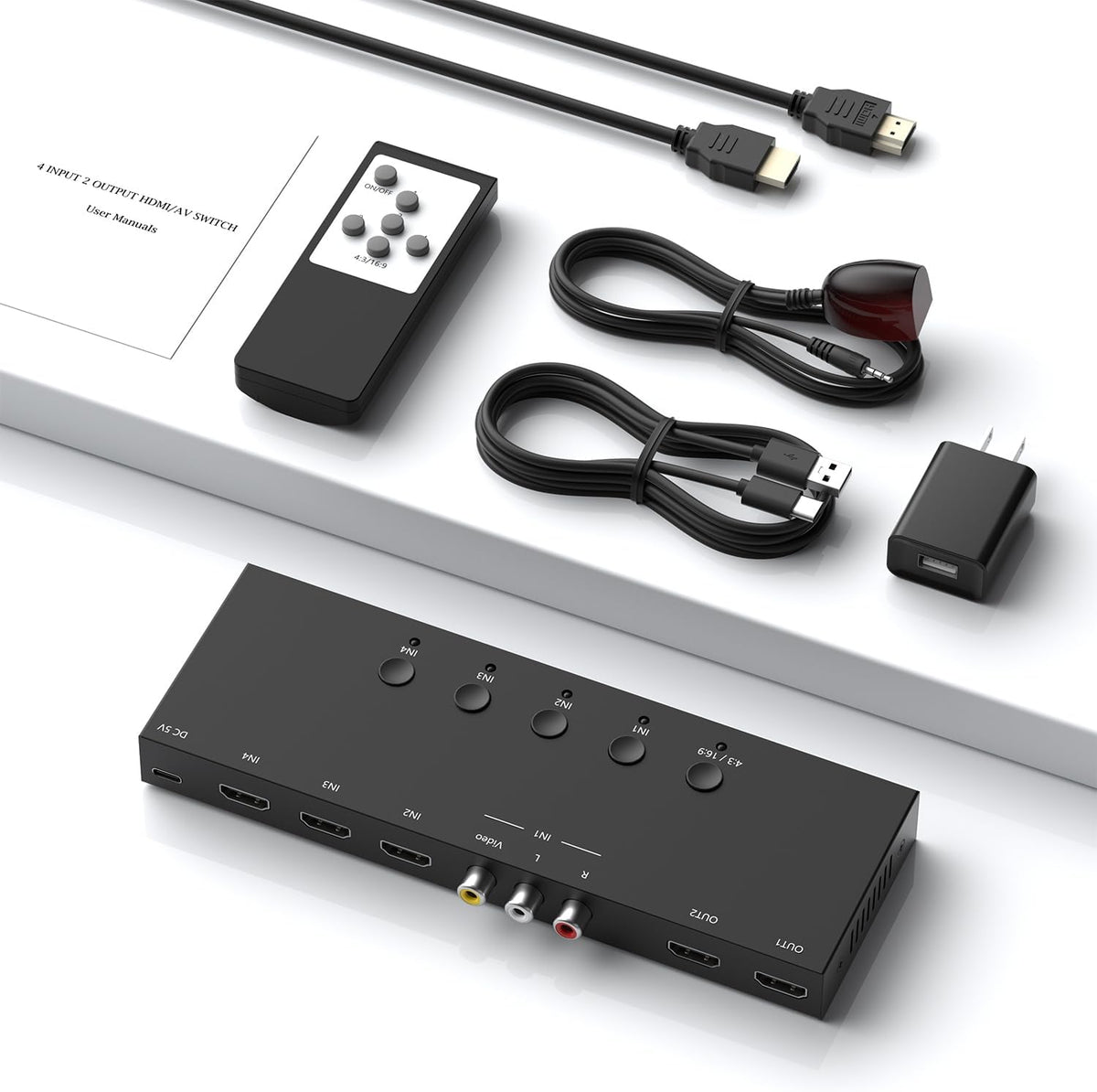 Y.D.F (3 HDMI 2.0 + 1 RCA) to 2 HDMI Converter (4 In 2 Out, 2 Outputs Can Simultaneous Display) Switcher Splitter Support 4:3/16:9 Switching for N64 NGC Wii Xbox PS2/3/4/5 Switch Apple TV Fire TV Roku
