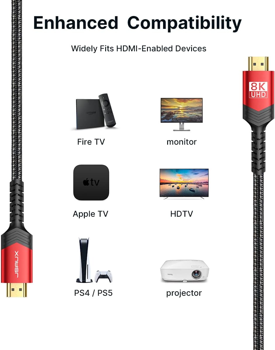 JSAUX 8K HDMI Cable 2 Pack 10ft, 48Gbps High Speed HDMI 2.1 Braided HDMI Cord, 4K 120Hz 144Hz, 8K 60Hz, Dynamic HDR, DTS:X, 2K, 1080P, 3D, eARC Compatible with Laptop, TV Gaming Monitor PS5 PS4 -Red