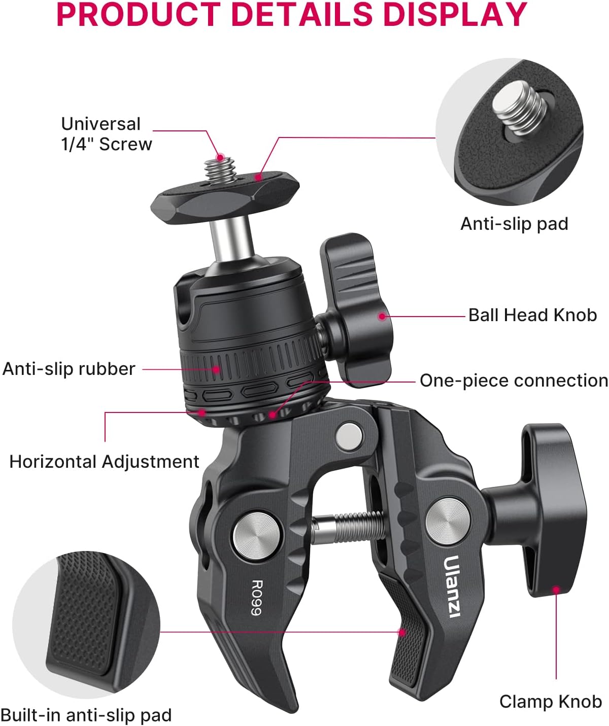 ULANZI R099 Super Clamp Camera Mount - Heavy Duty 3.3lb Load Metal Clamp with 360° Ball Head for Action Cameras (GoPro/Insta360/DJI), DSLR, Bike/Motorcycle Handlebar, Pole/Tube Mount Accessories
