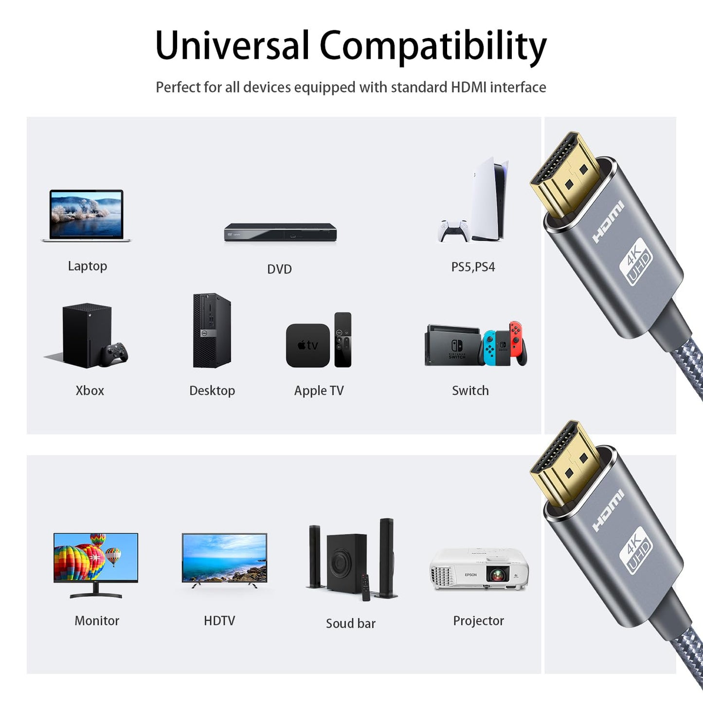 LEADSTAR HDMI Cable 4K 15 ft / 4.5m, High Speed HDMI 2.0 Cord Braided | 4K@60Hz, Ultra HD, 2160p, ARC, HDR, 3D, HDCP 2.2 | for Xbox, PS5, TV, Laptop, Monitor