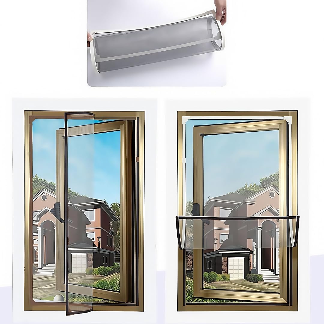 VKX Adjustable DIY Magnetic Window Screen, Fiberglass Mesh, Strong(720GS) Magnetic Strips, White Frames Grey Mesh, Suitable for Various Types of Screen Windows (36 "x 55")