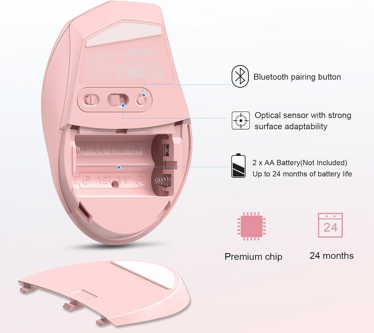 TECKNET Bluetooth Mouse, 4800 DPI Wireless Mouse, 2-Year Battery 6 Adjustable DPI, 6 Buttons Compatible with Laptop/Windows/Computer - Pink