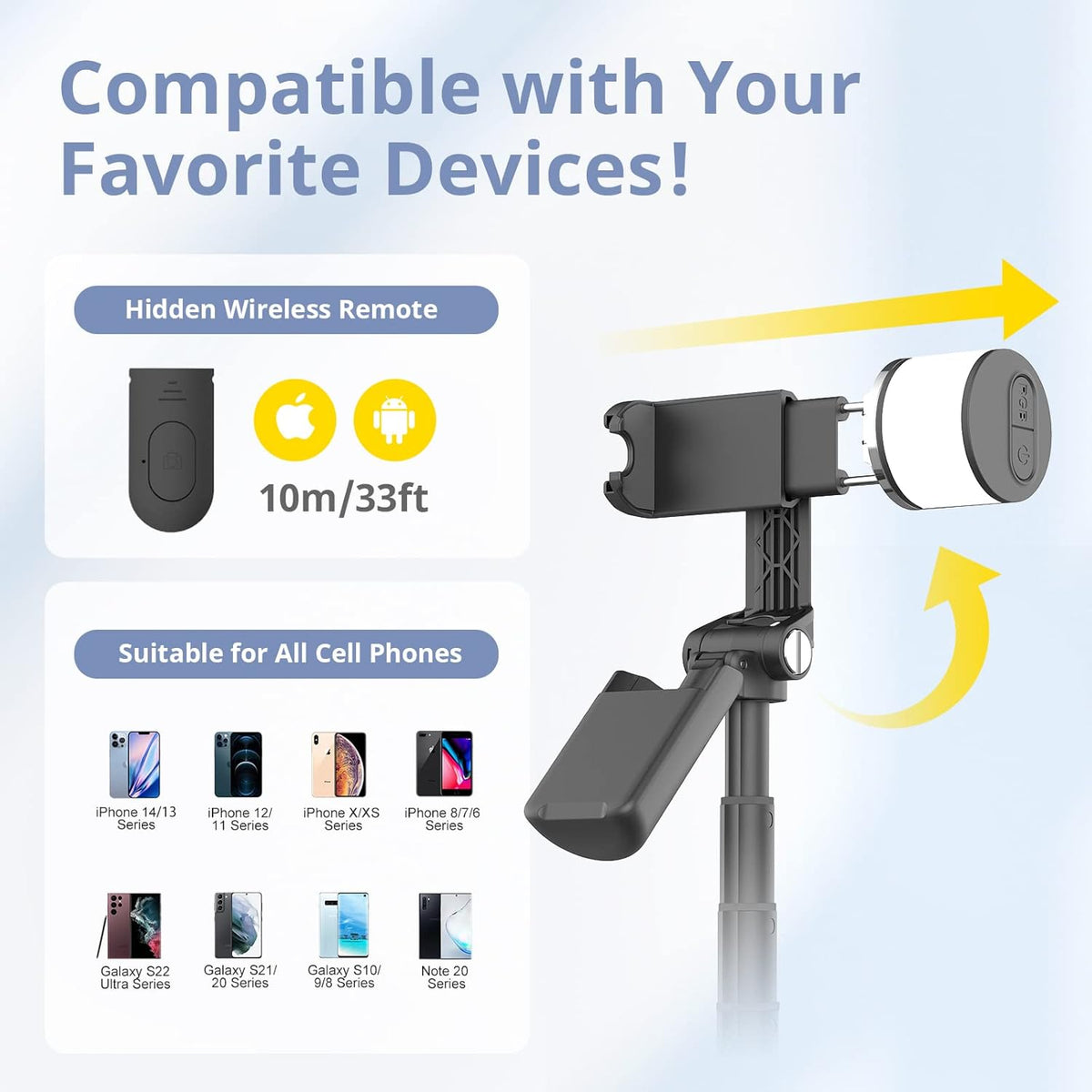 Sensyne Selfie Stick with Light, Phone Tripod with 360° Rotatable Handle Compatible with Cellphones for Selfies/Photography/Video Calls/Live Stream/Content Creating (Black)