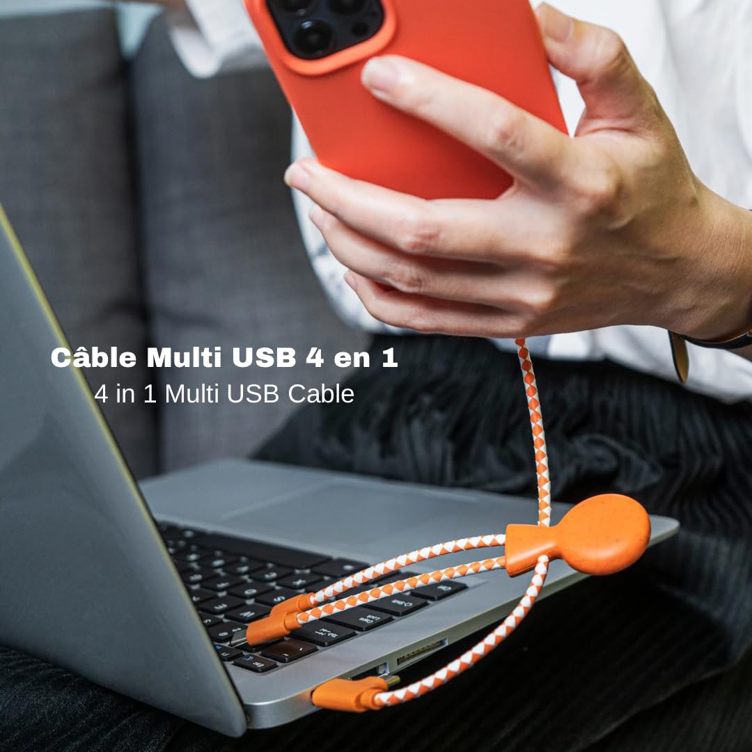 Multi USB Cable 4 in 1 - Universal Charger Made from Recycled Plastic - USB, USB-C, Lighting, Micro USB Ports - Compatible with All Smartphones Mr Bio Blue Octopus (Orange)