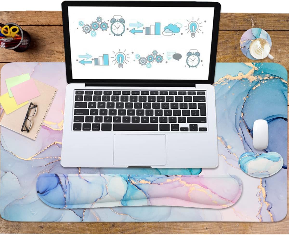 Ergonomic Large Mouse Pad and Keyboard Wrist Rest, Desk Pad for Keyboard and Mouse, 4-in-1 Large Gaming Mouse Pad with Wrist Support - Blue Marble