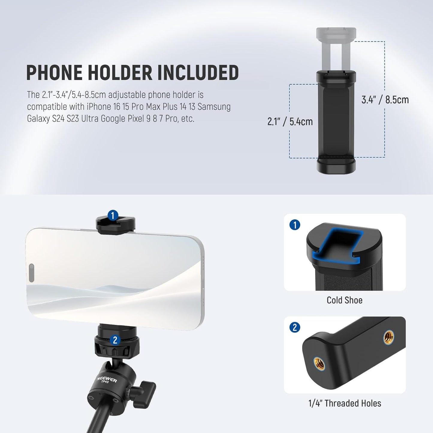 NEEWER Basics Mini Desk Selfie Stick Tripod Compatible with iPhone GoPro Insta360 DJI, Portable Small Camera Webcam Android Cell Phone Holder Ball Head Elevated Axis Video Recording Stand, TP43 Black