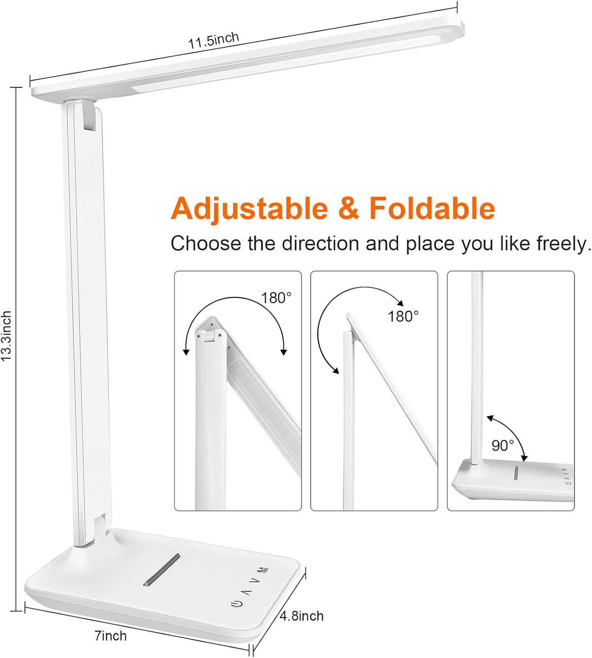 karidi LED Desk Lamp Dimmable Table Lamp with USB Charging Port, 5 Lighting Modes, Sensitive Control, Foldable Portable Desk Light for Home Office Bedroom Reading (White, Standard Size - 13.3 inch)