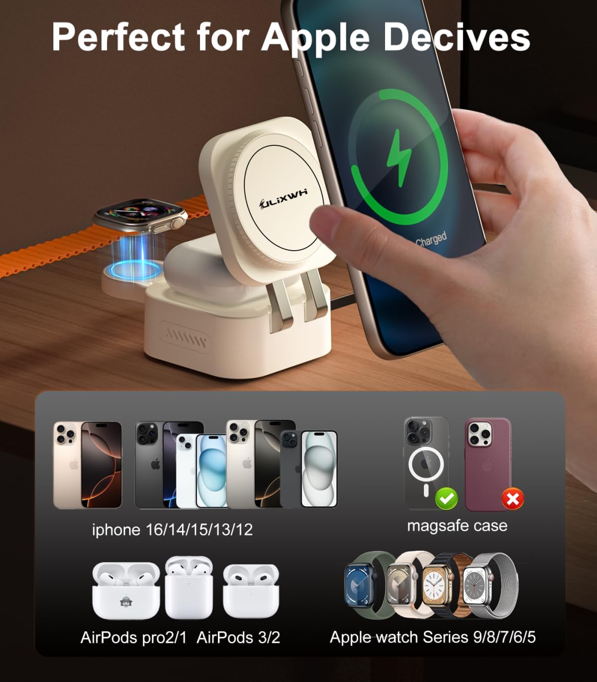 2025 Retractable 3 in 1 Charging Station for Apple,15W Fast for MagSafe Magnetic Wireless Charger with Retractable Cable, Foldable Travel Stand for iPhone 16 15 14 13 12 Pro Max iWatch Airpods