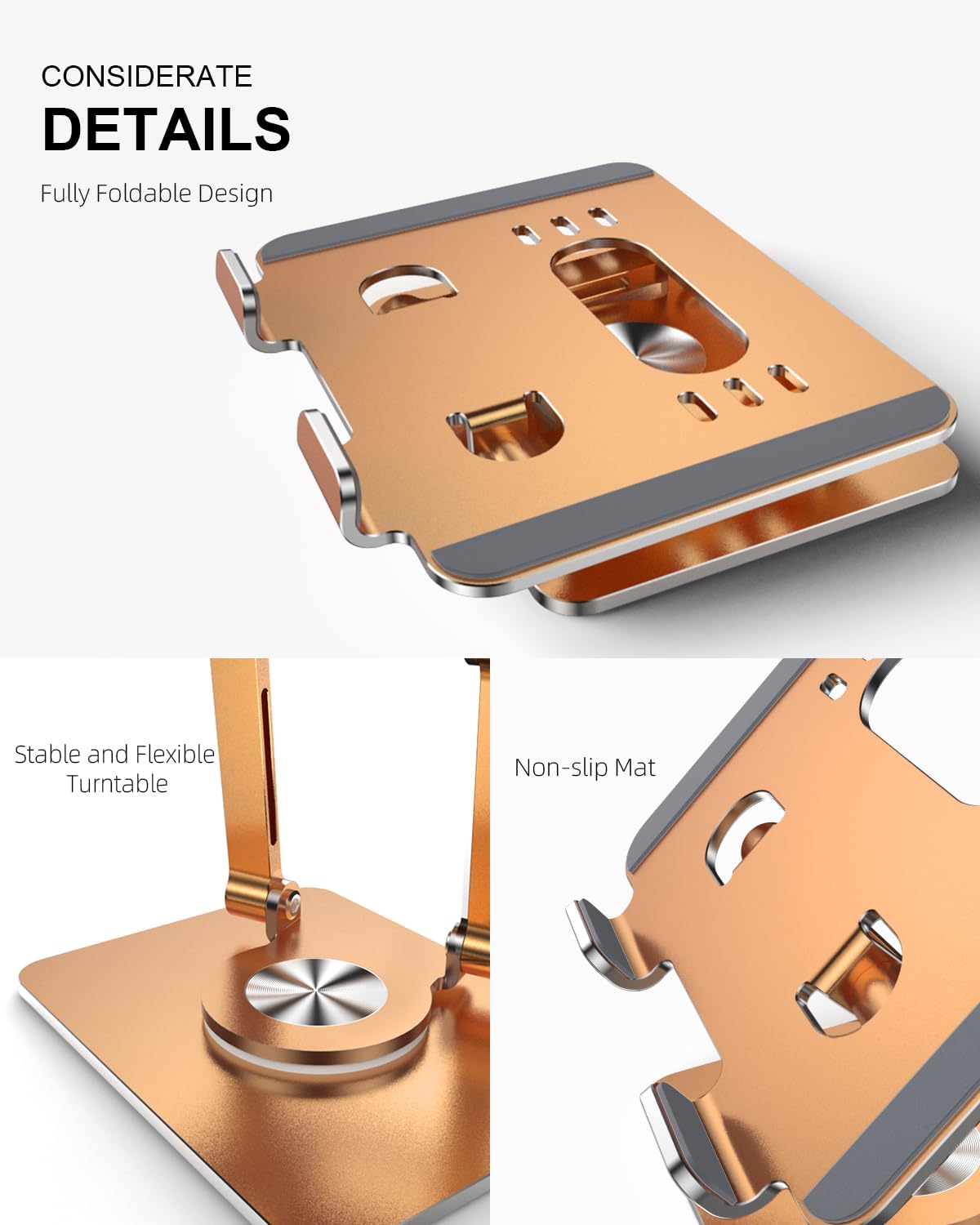 Tablet Stand Holder with Thickened 360°Rotating Base Dual Rod Adjustable Aluminum Stand for All 5.8-12.9” iPad Samsung Phone Tablet Kindle E-Reader and More, Gold