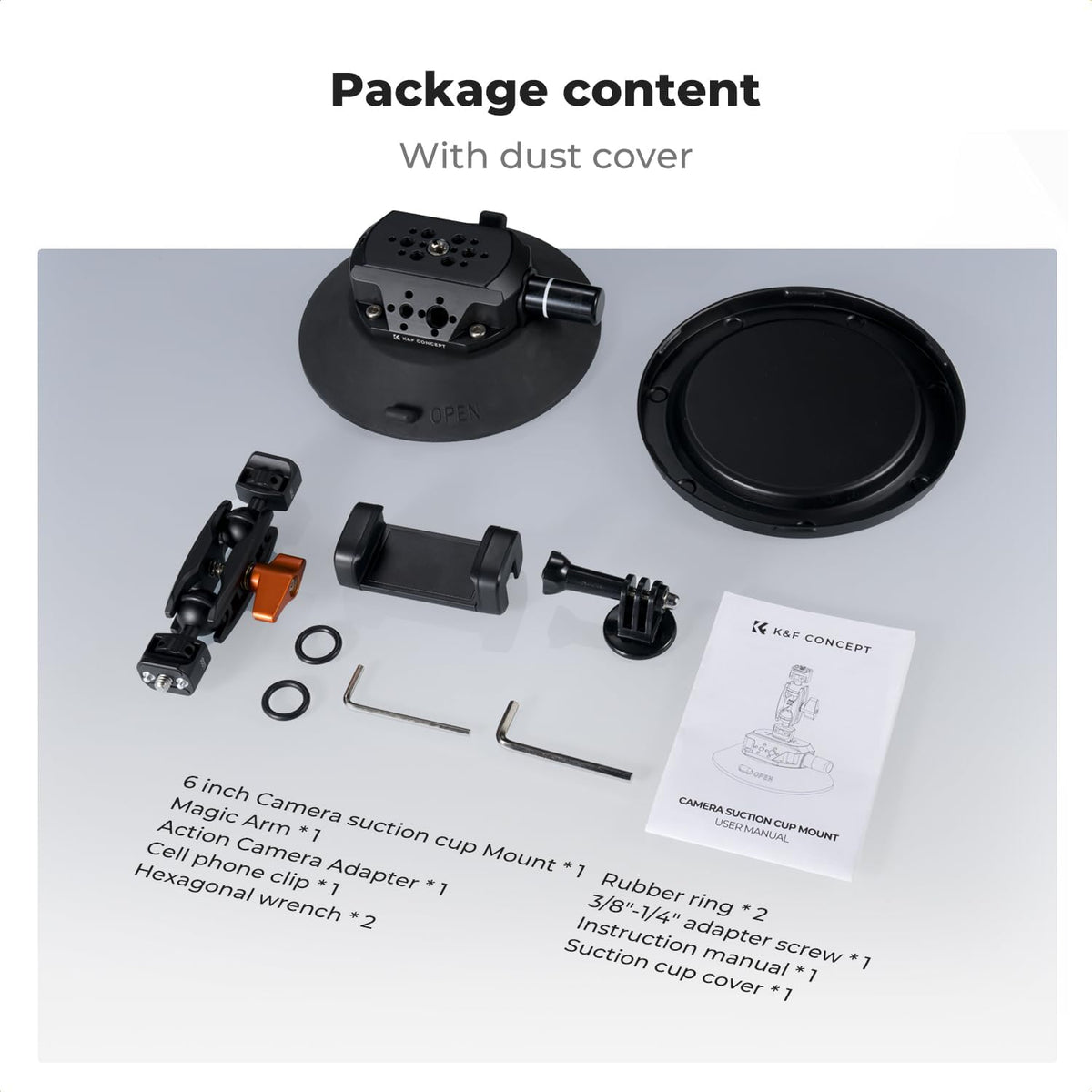 K&F Concept 6" Suction Cup Camera Mount with Magic Arm, ARRI Style 1/4" 3/8" Threads, Quick Release Car Mount for DSLRs Action Camera Phone Video Shooting Compatible with Hero 13 12 DJI Insta360