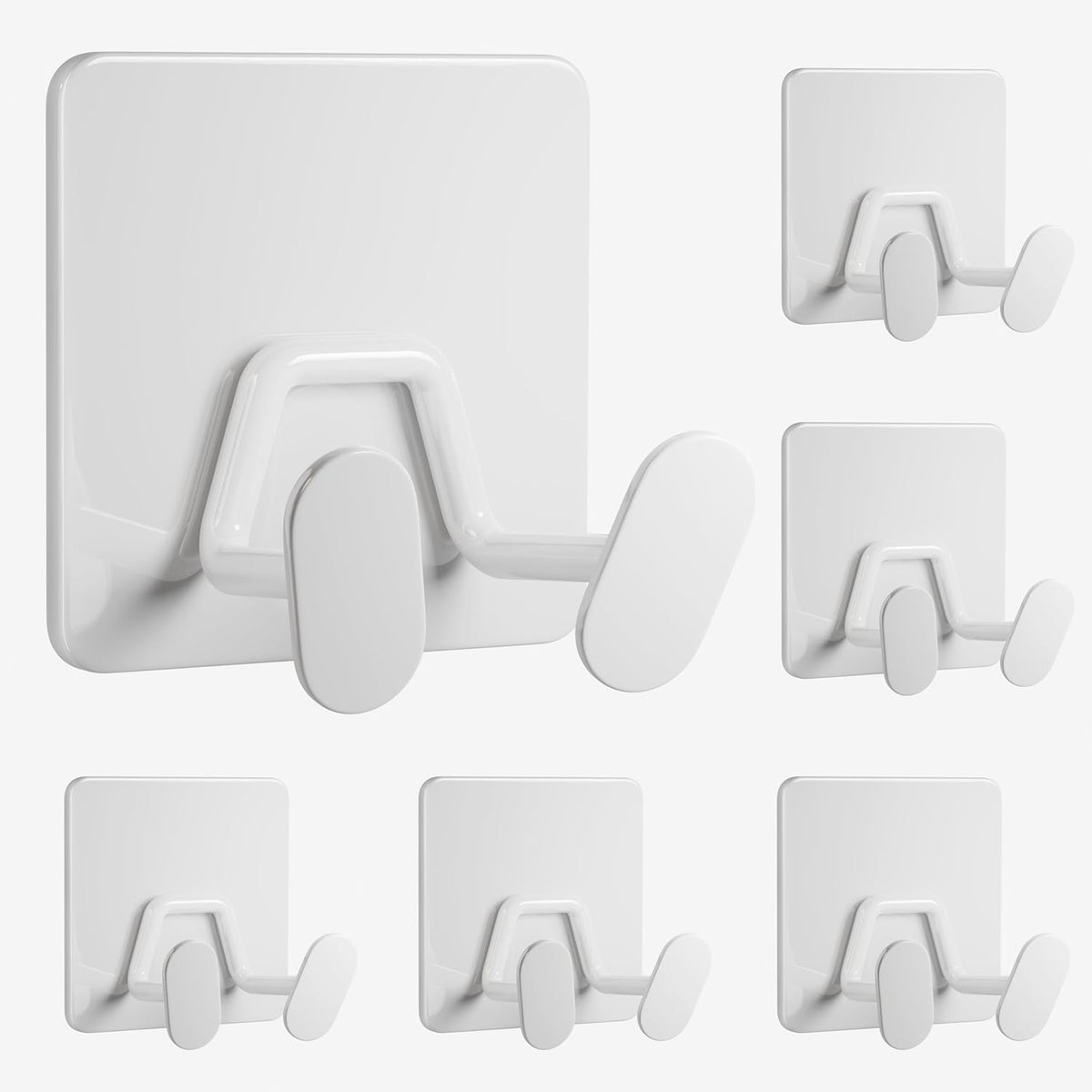 Adhesive Shower Hooks for Bathroom - Extra Sticky Stainless, Wall Hooks for Hanging Towel, Razor, Loofah, Robe, Coat, Heavy Duty Hanger for Kitchen, Bedroom, Door, Metal, Matt White, 6 Pack