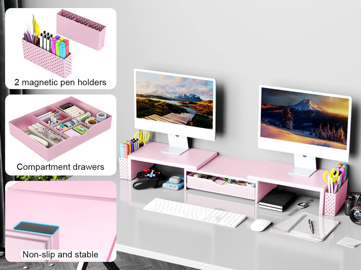 Spacrea Metal Desk Organizers and Accessories, Dual Monitor Stand Riser with Drawer and 2 Pen Holders, Desk Accessories & Workspace Desktop Organizers for Office Supplies (Pink)