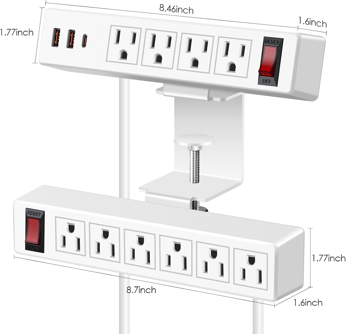Desk Clamp Power Strip with PD20W USB-C, 2 in 1 Dual Layer Under Desk Power Strip, Removable Clamp Power Socket with 10AC Outlets & Switch, 6ft Extension Cord(ETL Listed)