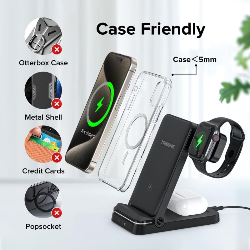 Wireless Charger, Tribone 3 in 1 Foldable Fast Charger for iPhone 17 16 15 14 13 12 11 Pro Max XR XS 8 Plus,for Apple Watch 10 9 8 7 6 5 4 3 2 SE Ultra,for AirPods Pro 4 3 2, Black