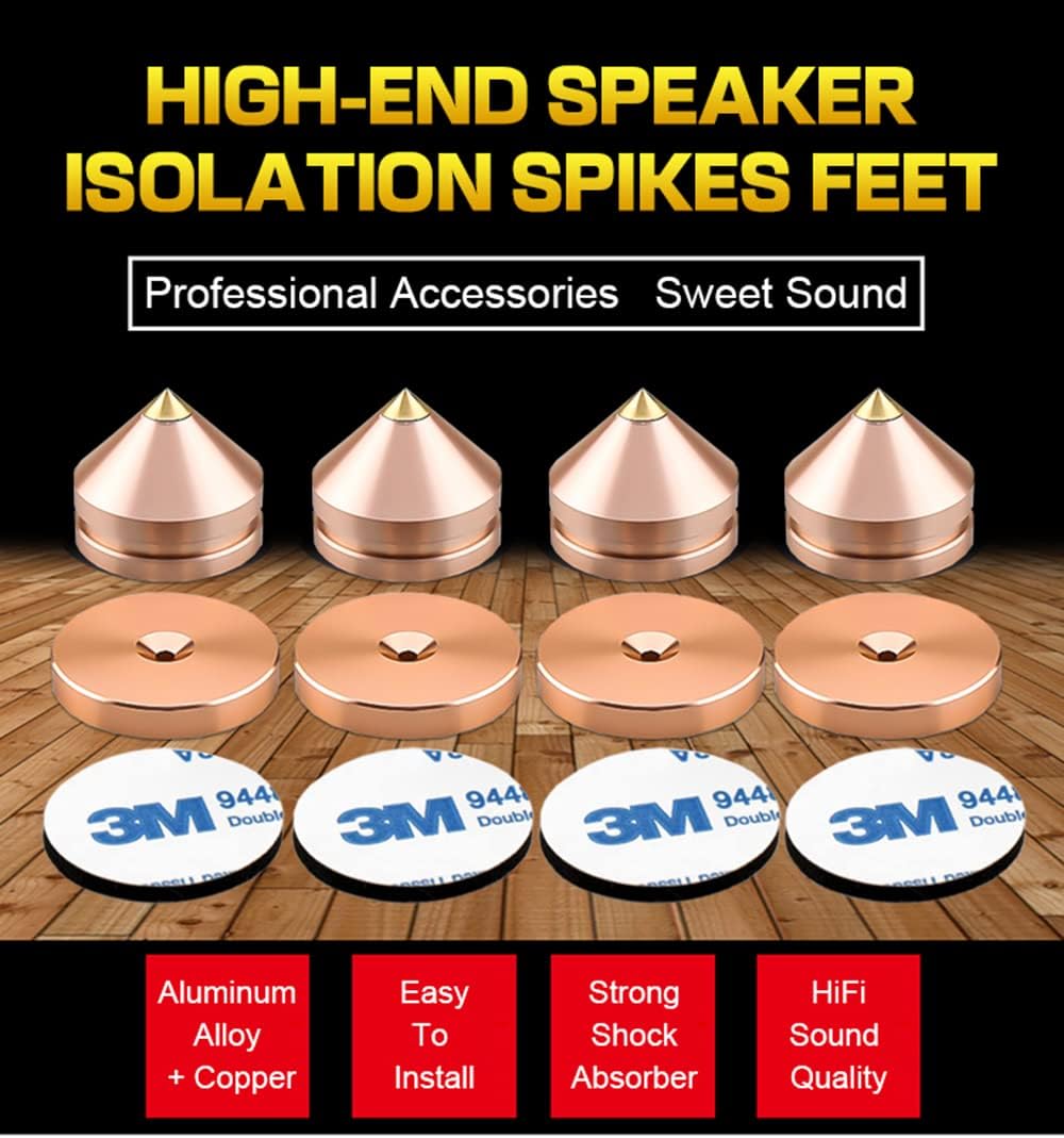 4Pcs Speaker Spikes Floor Protectors Shockproof Speaker Isolation Spikes with Base Pad for Speaker,Subwoofer,Amplifier,Turntable,Recorder CD DAC with 3m Adhesive (Gold)