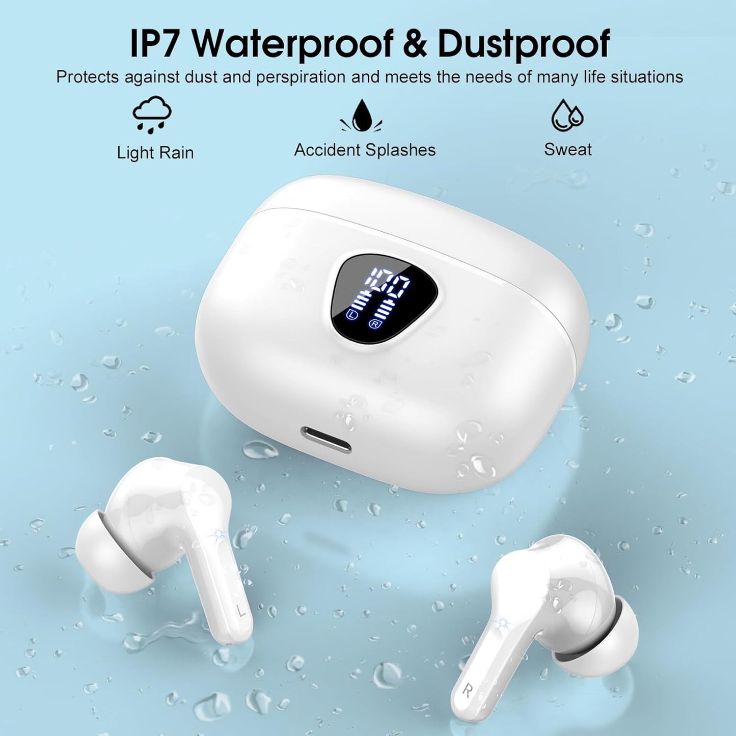Wireless Earbuds, Bluetooth 5.4 Headphones HiFi Stereo, Bluetooth Earbuds with ENC Noise Cancelling Mic, IP7 Waterproof in Ear Earphones, 48H, LED Display Ear buds for Pad Workout Sports, White Purple