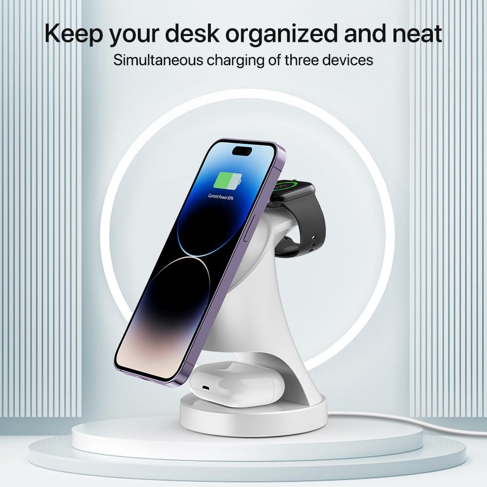 3 in 1 Wireless Charging Station for Apple Devices,Magsafe Charger Stand for IPhone16 15 14 13 12 Pro/Max/Plus/Mini Wireless Charger Station for AirPods 2/3/Pro iWatch Ultra/8/7/SE/6/5/4/3/2 (White)