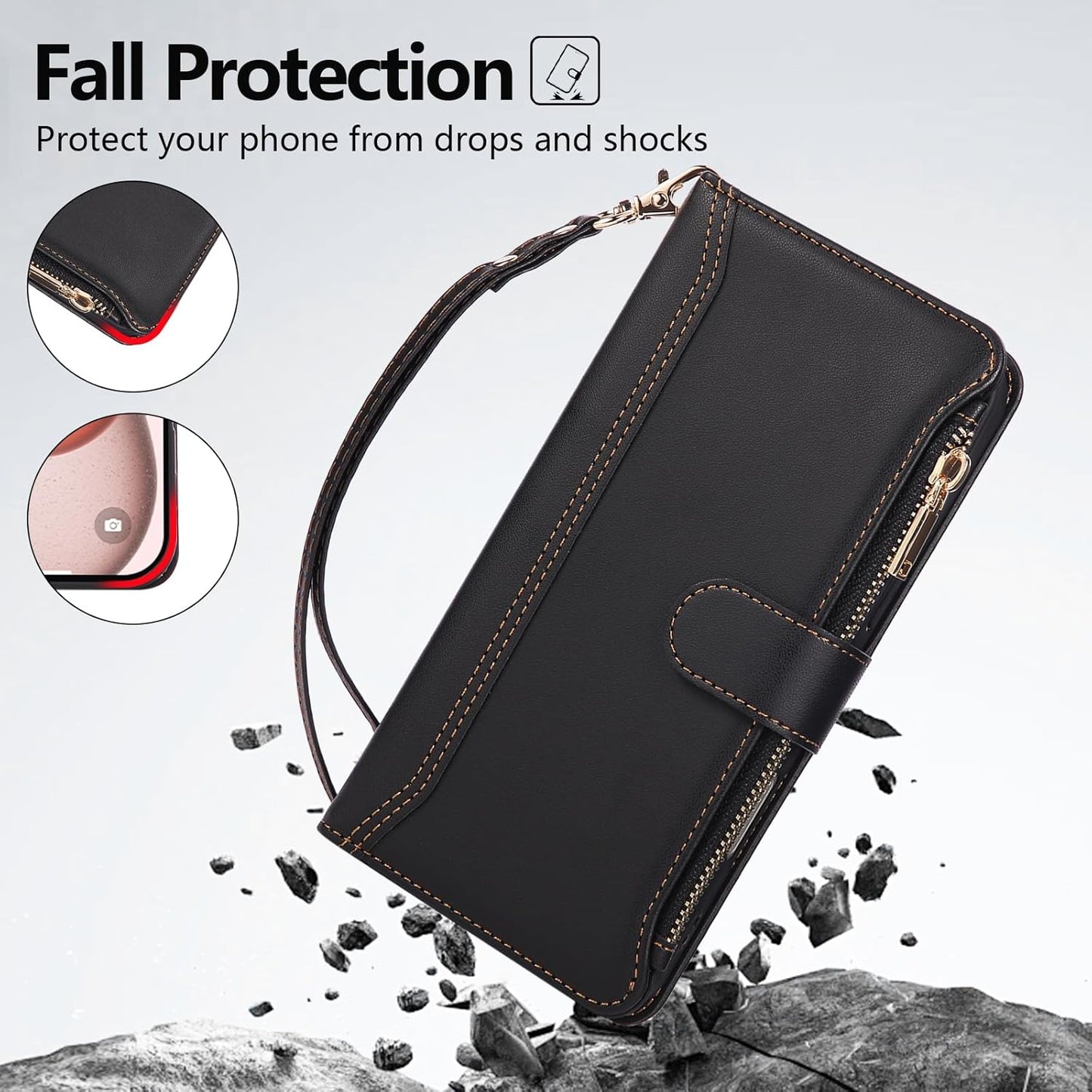 Compatible with iPhone 14 Pro Max Wallet Phone Case-PU Leather Magnetic Flip Cover with Credit Card Slots,Zipper Pocket & Detachable Wrist Strap,Shockproof Design,for Women and Men-Black