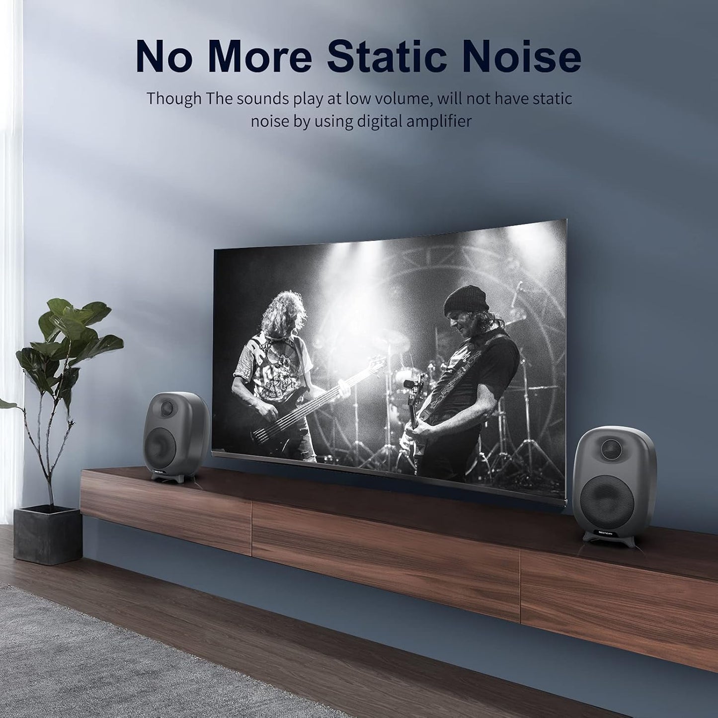 BESTISAN Bookshelf Speakers, 60 Watt Powered Studio Monitor Speaker with Bluetooth 5.0 and Wired Optical Line in Input Port, Bass and Treble Adjustable, Deep Bass, 3 Audio Mode Design (Gray)