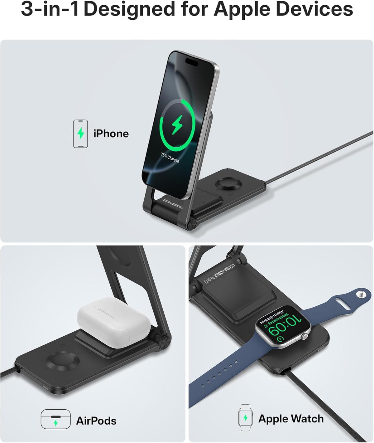 3 in 1 Charging Station for Apple Devices, Magnetic Wireless Charger Stand, 15W Foldable Travel Charging Dock for iPhone 16e 16 15 14 13 12 Pro Max Plus & Apple Watch & AirPods 4 3 2 Pro, Black