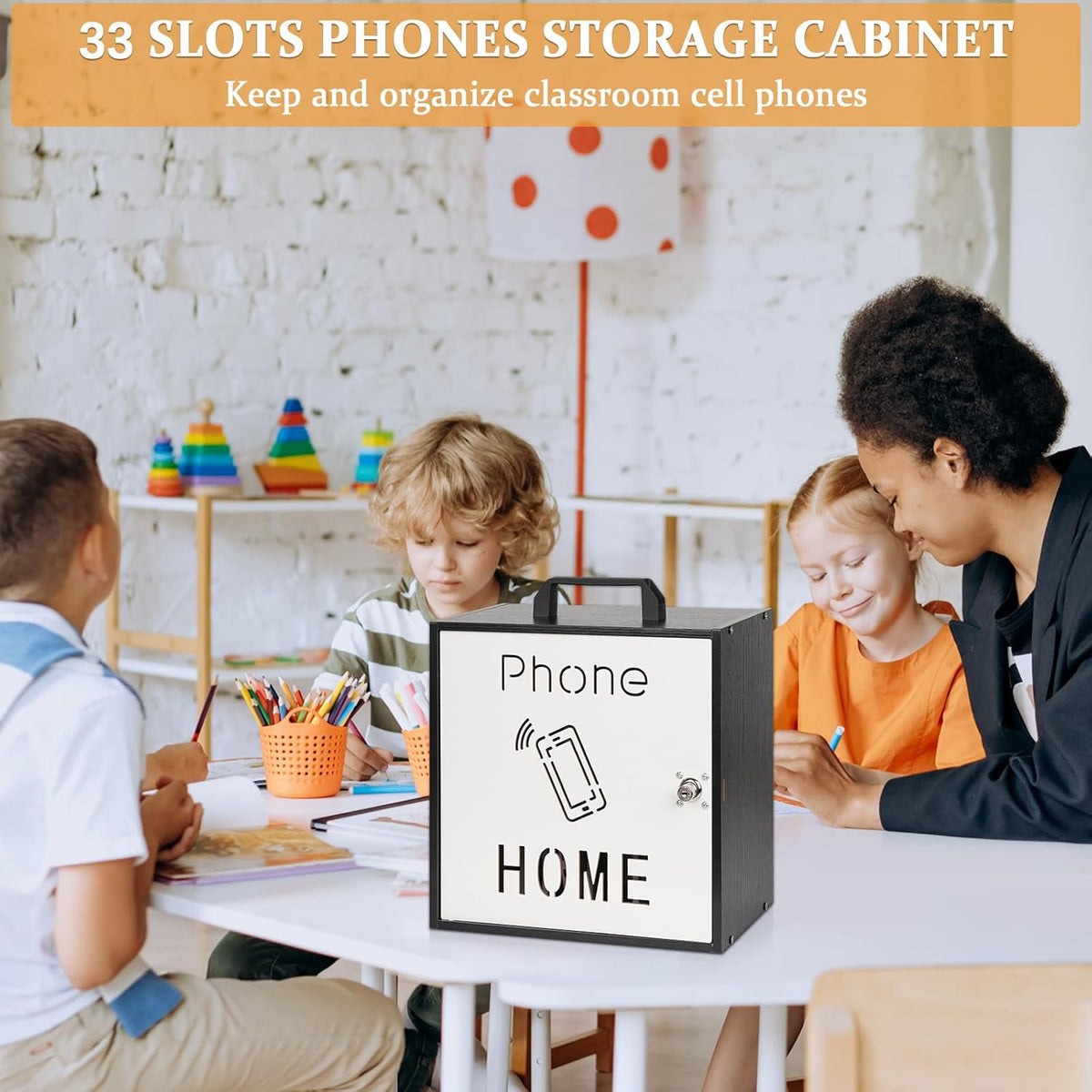Cell Phone Holder Classroom 33 Slots Wooden Cell Phone Storage Cabinet Pocket Chart with Handle and Security Lock for Classroom Office (33 Grid Cabinet Black)