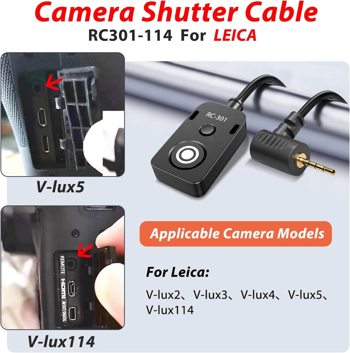 for Panasonic Cable RC301-L1 Remote Camera Small Shutter Release Remote Control 196.8 "Extended Cable Remote Wired Button GH3 GH4 GH5 GH6 S5 S5II G85 G9 GXL S1R -114(RC301-L1 GH 196.8in/5m)