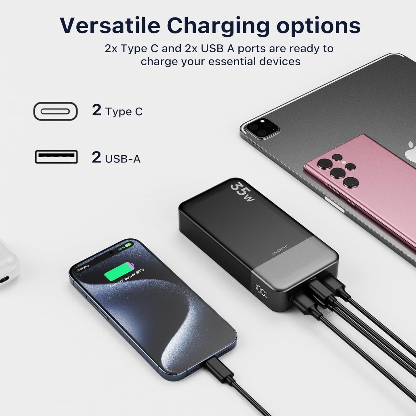 Portable Power Bank 20000mAh, 35W Portable Charger, Battery Pack Fast Charging, PD3.0 QC4.0 Phone Battery Pack with LED Display for iPhone 16 15 14, Galaxy, Tablet, Switch, etc