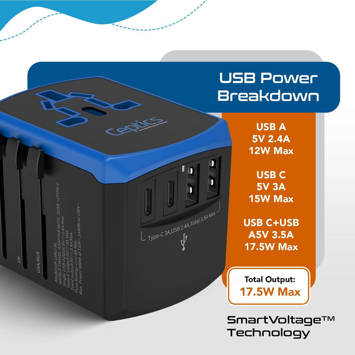 Ceptics Universal Travel Adapter, 5 in 1 Universal Laptop Charger with 2X USB-A & USB-C 3.5A for Mobiles, Laptops, Cameras US, UK, EU, AU, All in 1 Type A, C, G, I Output,