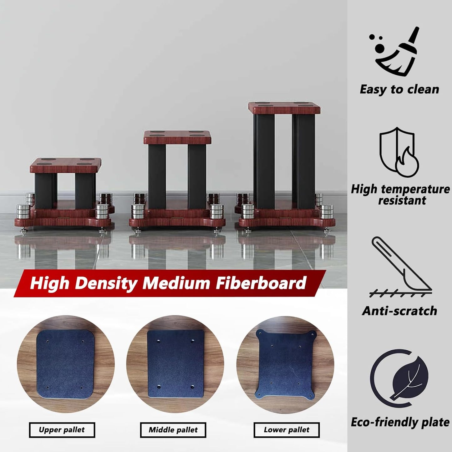 A Pair of Universal Speaker Stands, Heavy Duty Speaker Stands Holds Bookshelf Speaker Satellite Speaker Large Speaker, Vibration-Absorbing MDF Design, Holds 88lbs Speaker (Teak, 20cm/7.8in)