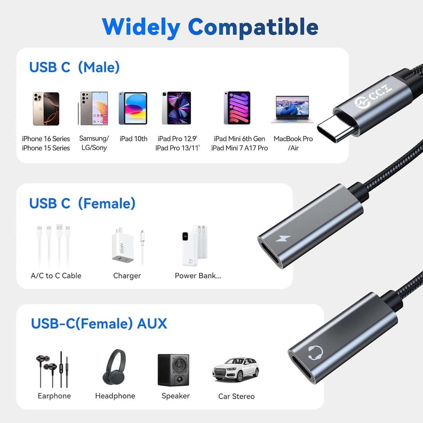 USB C Headphone Splitter,CCZ CA01 USB C to Type C Headphone Jack and Charger Adapter, 1 in 2 Out Dongle Hi-Res DAC Audio Cable with PD 60W Fast Charging for Samsung Galaxy S25 S24 S23 S22 (USBC-USBC)