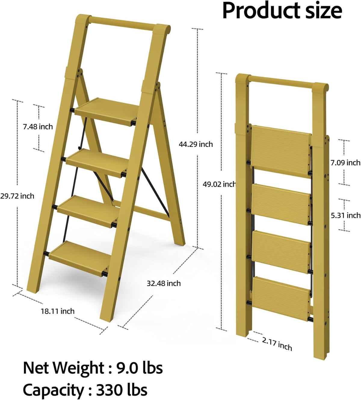 Taranta 4 Step Ladder, Lightweight Aluminum Step Stool with Convenient Handgrip, Folding Ladder with Anti-Slip Pedals, 330lbs Capacity Stepladder for Home, Office, Kitchen - Twilight Yellow