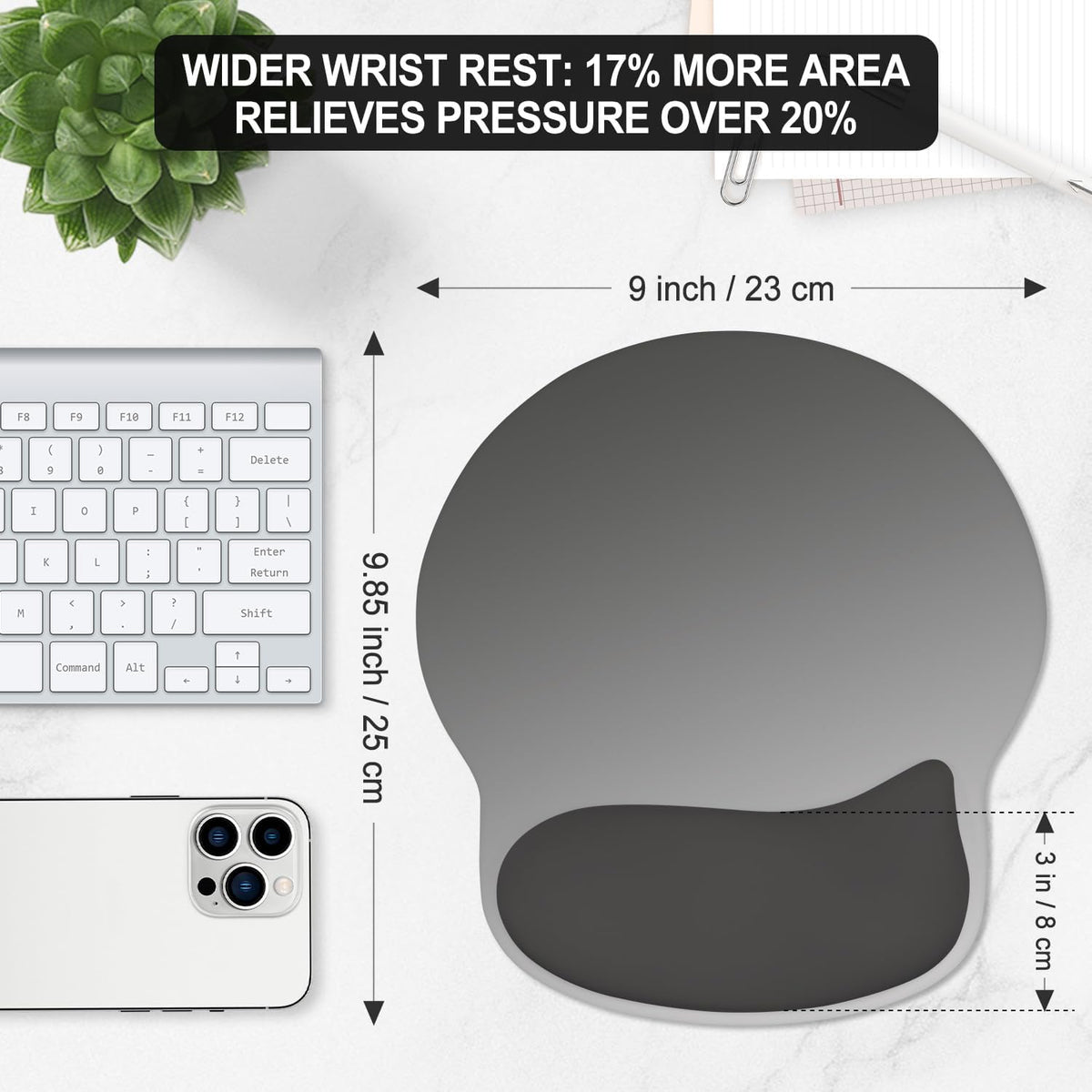 ITNRSIIET Ergonomic Mouse Pad with Wider Memory Foam Wrist Rest +17% - Curved Cushion Reduces Pressure 20%, Pain Relief, Non-Slip, Smooth, Cute Colors, 9.85 x 9 in, Gray Gradient