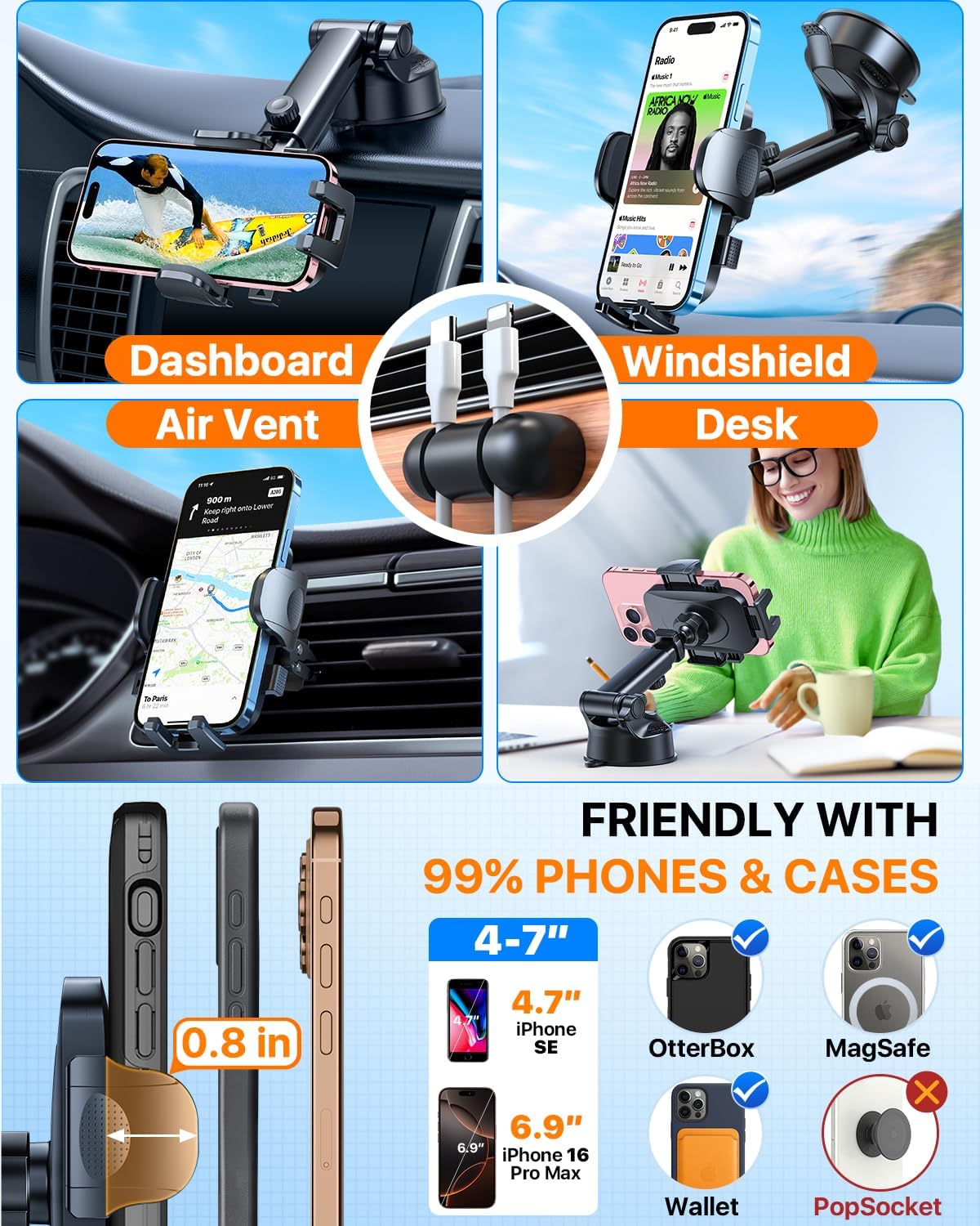 HTU 2025 Best Car Phone Holder 【Ultimate 5-in-1 & Upgraded 100+LBS Strongest Suction】【True Military-Grade & Safety Cert】 360° Windshield Dashboard Vent Mount Stand for iPhone Android & Truck, Blue