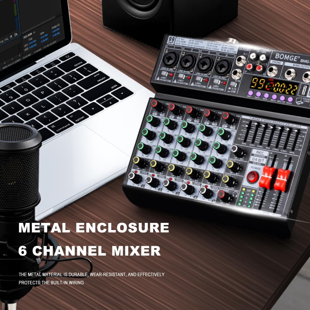 BOMGE 06A Professional 6 Channel DJ Audio Mixer, DJ Controller Sound Mixer with 99 DSP Effects,7-band EQ Independent 48V Bluetooth USB Interface Recording for Studio Stage Party Home Recording