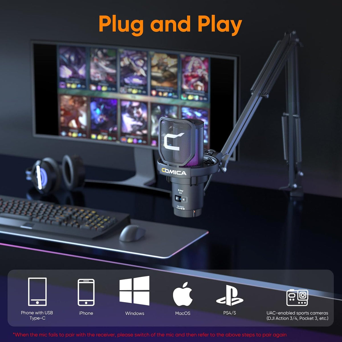 COMICA EJoy Uni USB Condenser Gaming for PC, PS4, PS5, USB C Phone, and Mac, Boom Arm RGB Computer Mic for Twitch, Streaming/Podcasting/YouTube, Noise Cancellation Mic with Mute, Gain, Monitoring