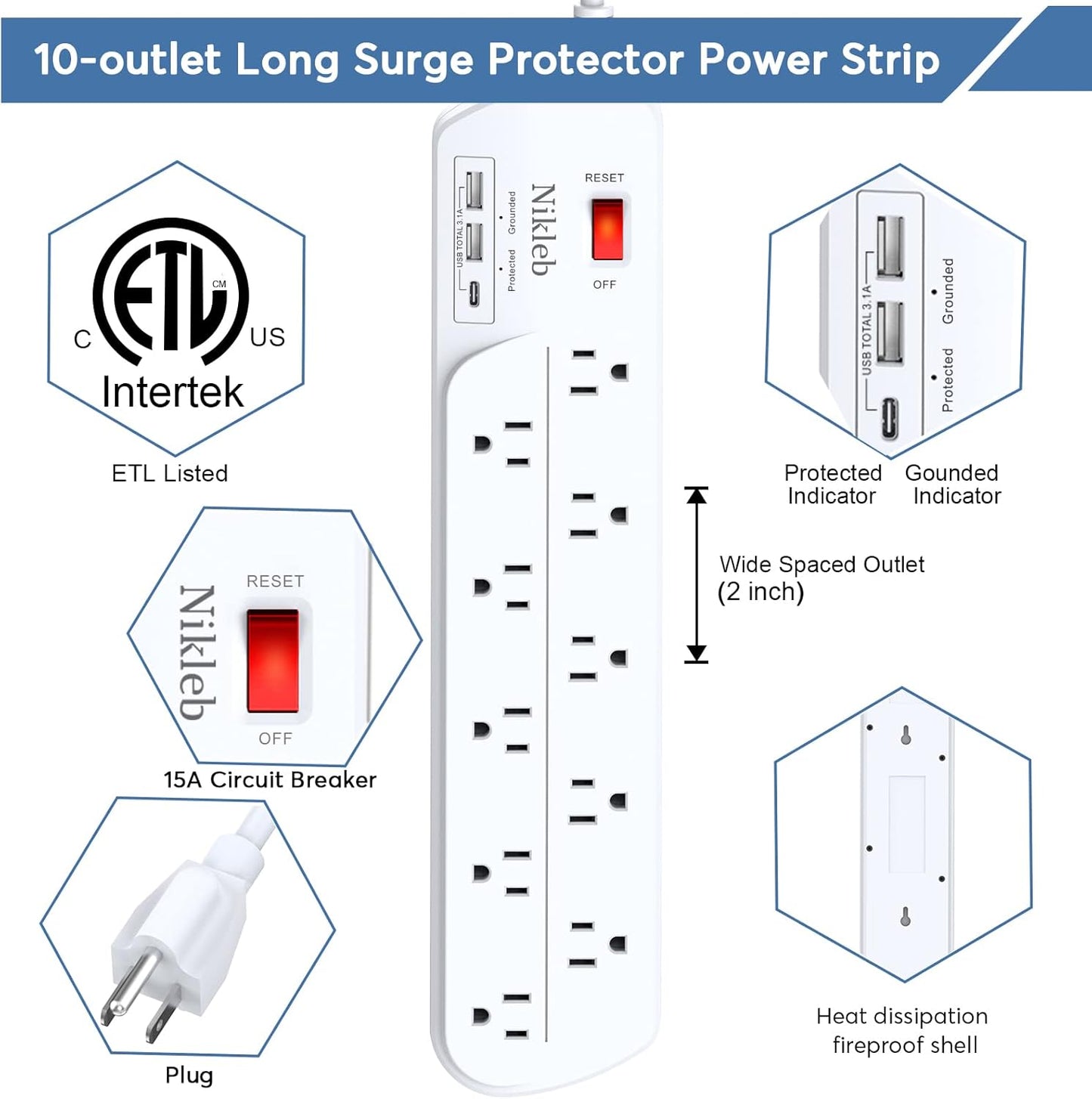 Long Power Strip, Multi Plug Outlet Extender Nikleb with 10 Outlets, Heavy Duty Extension Cord with 2 USB+1 Type C Ports, USB Plug Adapter Surge Protector for House, Garage, Patio, Basement