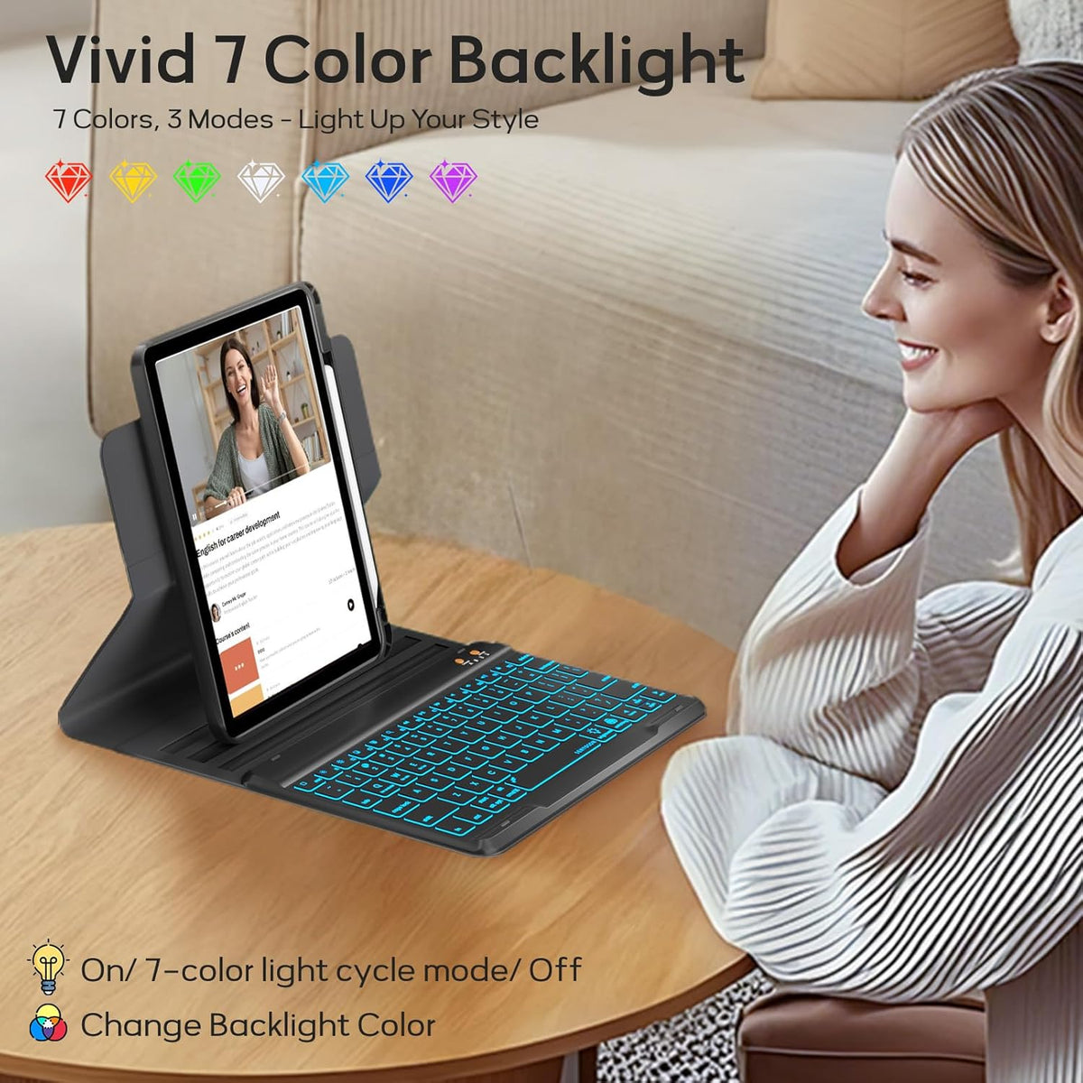 BLUTLOTUS for iPad 11th (A16) 10th Generation Case with Keyboard (2025/2022) - 360° Rotatable Magnetic Folio Cover, 7 Color Backlit Detachable Keyboard with Pencil Holder (Black)