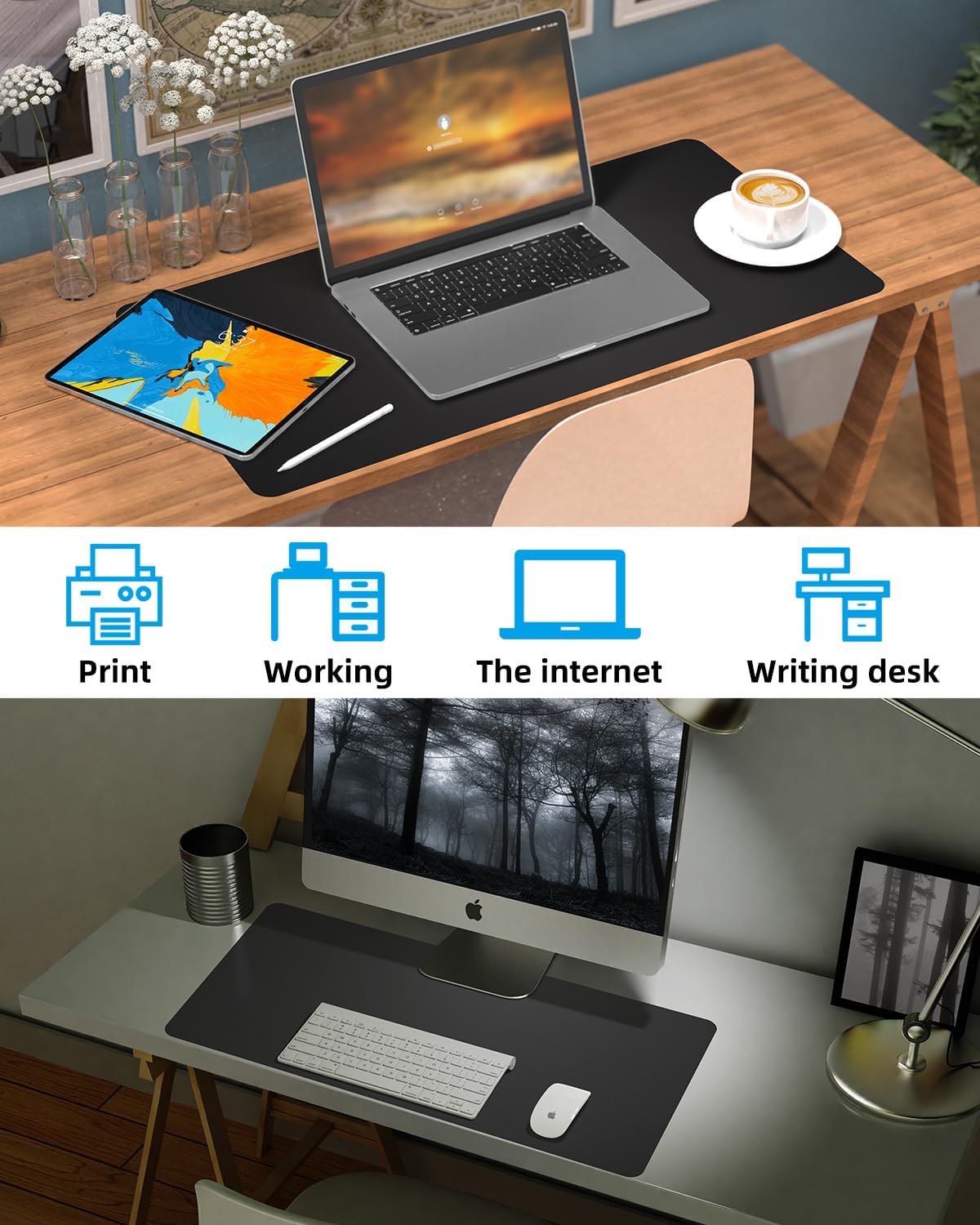 Leather Desk Pad Protector, Small Desk Mat,Office Desk mat,Computer and Laptop Mat, Non-Slip PU Leather Desk Blotter, Desktop Protector and Cover for Keyboard and Mouse(31.5"x15.7",Black)