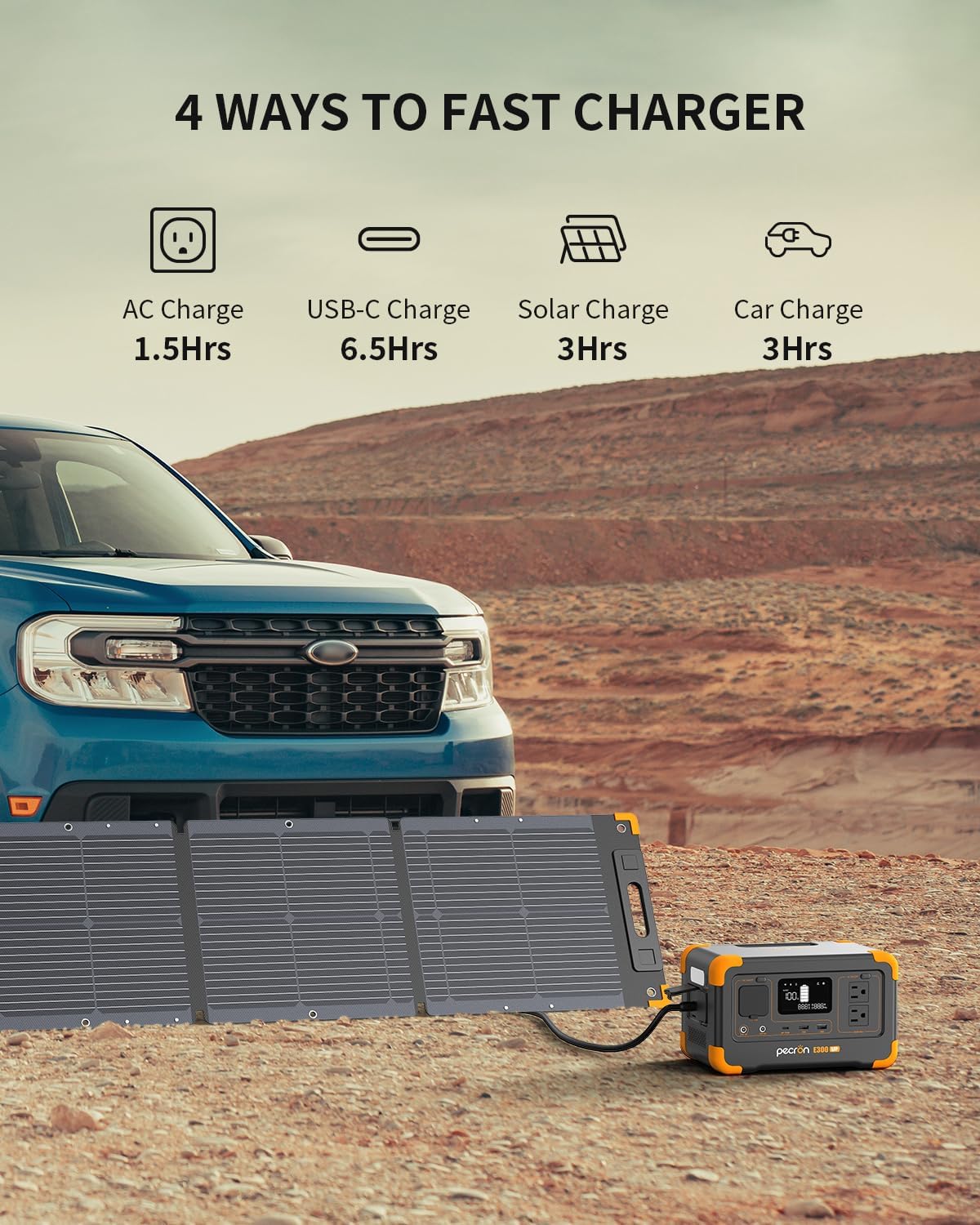 pecron Portable Power Station E300LFP, 288Wh Solar Generator, 2 Up to 600W AC Outlets Generator, LiFePO4 Battery Fast Charging, Power Station for Home Use, RV, Camping(Solar Panel Optional)
