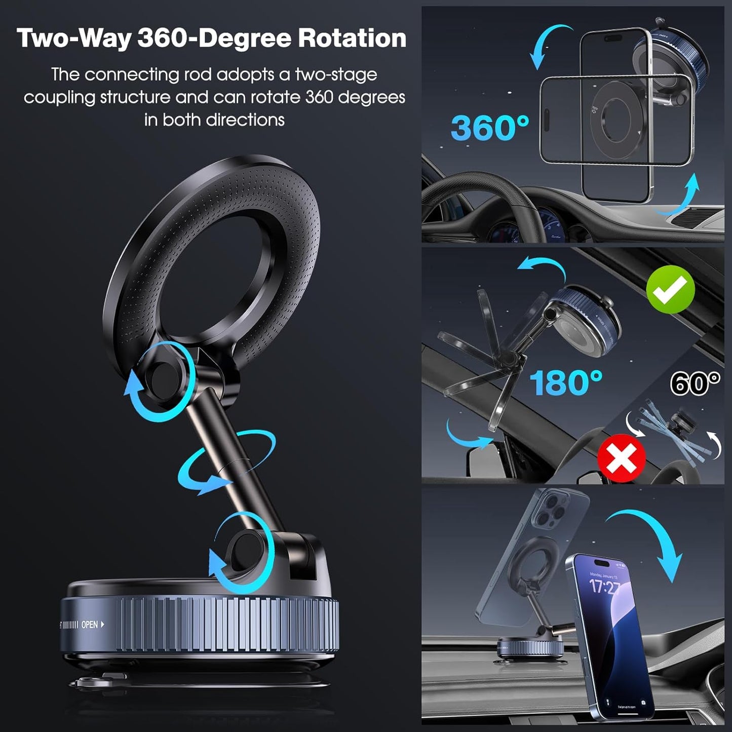 Vacuum Magnetic Suction Phone Holder, Foldable and Retractable Hands-Free Suction Cup Phone Mount for Car/Gym/Mirror/Smooth Surface, Compatible with iPhone Android and All Smartphones (Black)