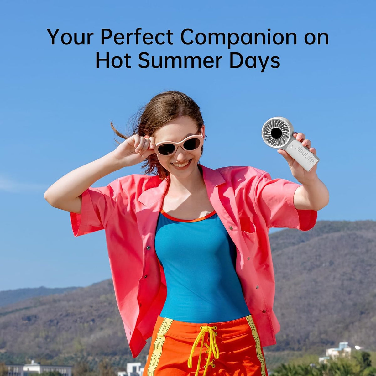 JISULIFE Handheld Portable Fan with Powerful Motor,LED Display,5000mAh Battery,5 Wind Speeds,Lanyard; Summer Essentials USB Rechargeable Hand held Fan for Travel,Beach,Makeup,Concerts-Gery