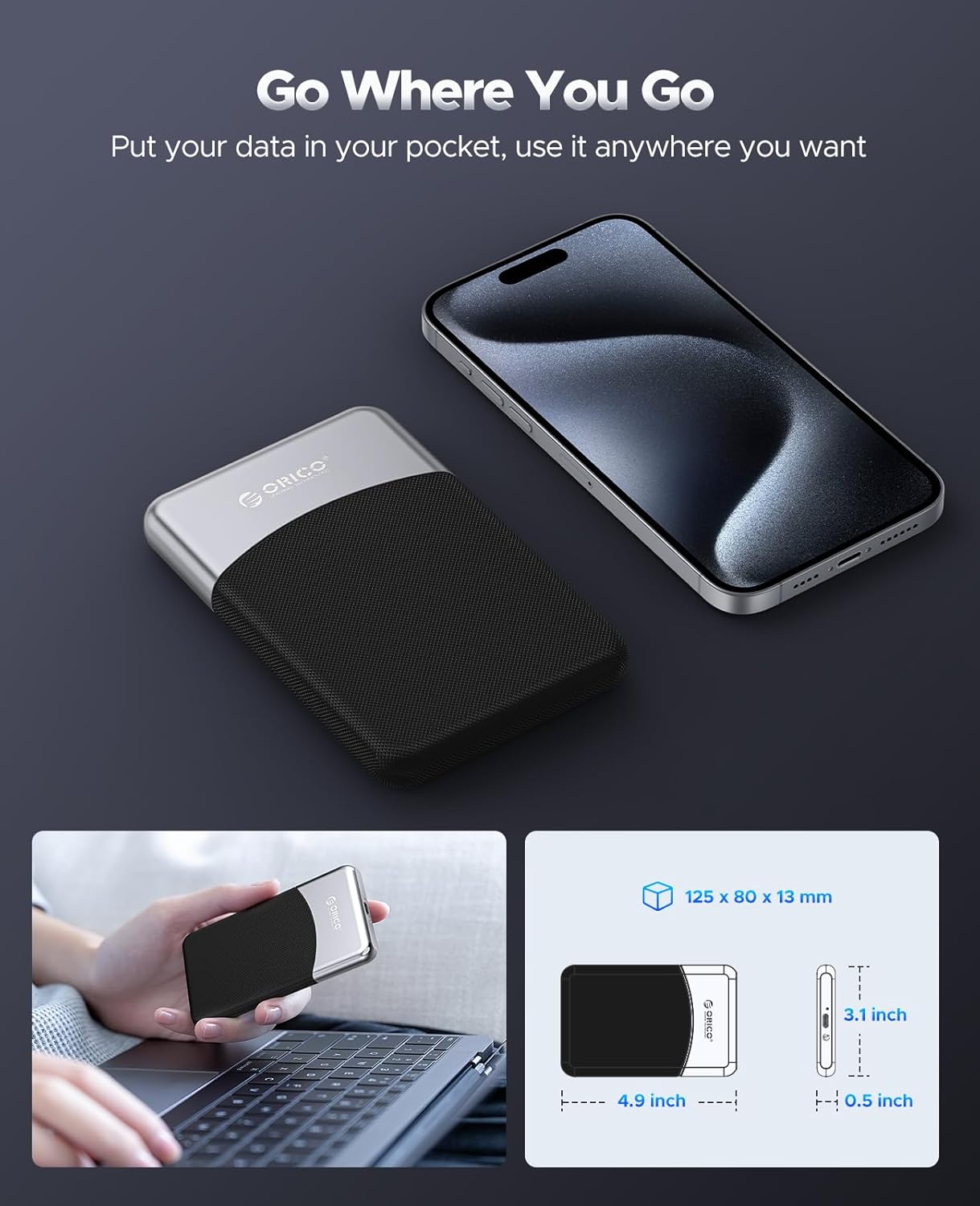 ORICO 1TB External SSD with 2 in 1 USB C Cable, Portable Solid State Drive USB 3.2 Gen 1 Up to 460MB/s, Dust and Drop Resistance, Reliable Storage for USB-C Smartphone, PC, Tablet, Labtop - M25PRO