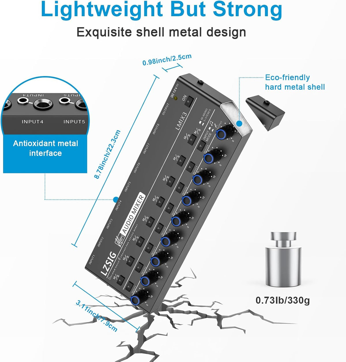LZSIG Audio Mixer, Stereo Line Mixer for Sub-Mixing, Ultra Low-Noise, 8-Channel, Dynamic Microphone Independent Control, 1/4" & 1/8" TRS Output and Input, for Guitars,Bass,Keyboards