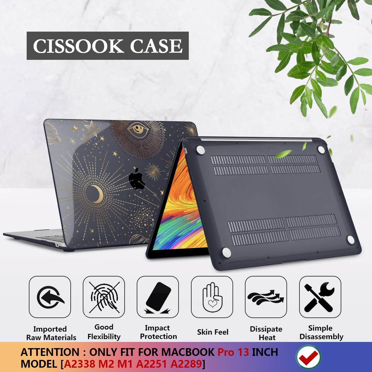 CISSOOK Case for MacBook Pro 13 Inch 2025-2020 Release Model M2 Chip A2338 M1 A2251 A2289, Black Style Hard Cover with Keyboard Cover for M2 MacBook Pro 13 with Touch Bar,Moon Star