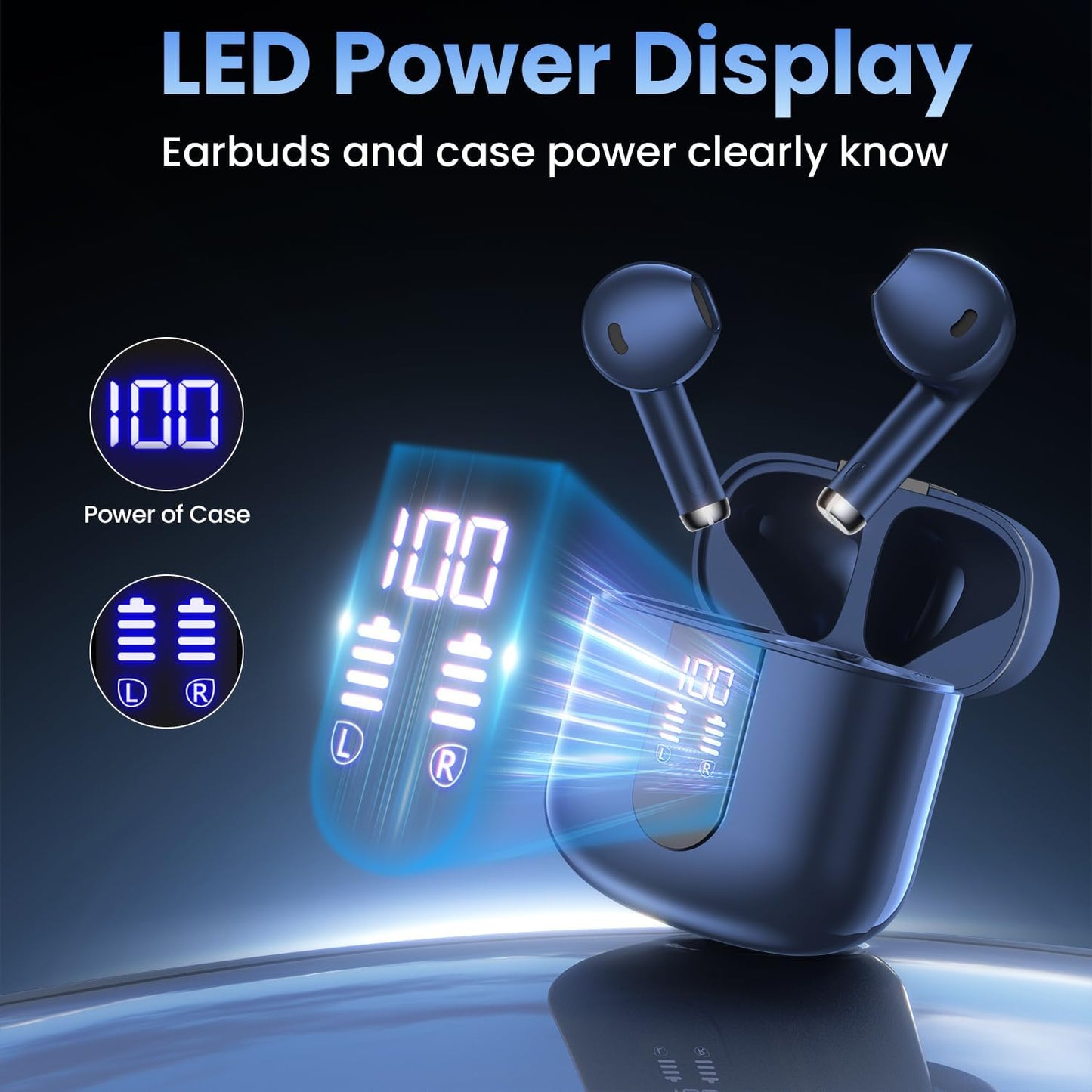 Wireless Earbuds, Bluetooth Headphones with Deep Bass Stereo, 48H Playback Ear Buds with LED Power Display Charging Case,Lightweight, IPX7, in-Ear Earphones with Mic for for Phone Tablet Laptop, Blue